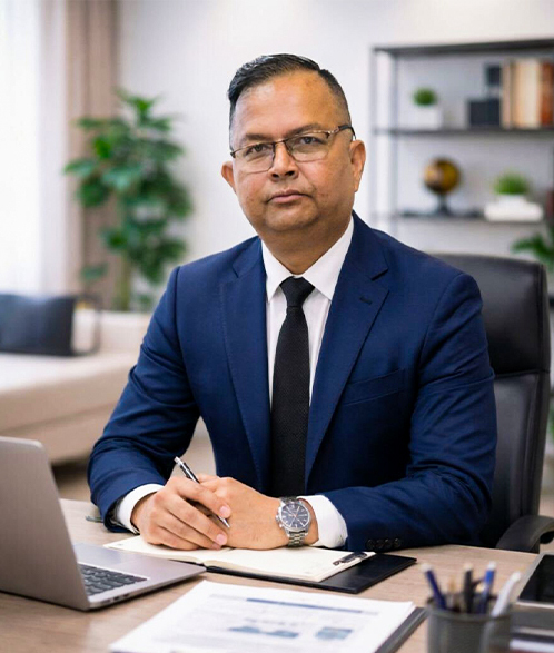 Rohit Man Singh Basnet, CEO of Designhill Real Estate, sitting at his office desk in a professional blue suit, holding a pen over a notebook next to a laptop.