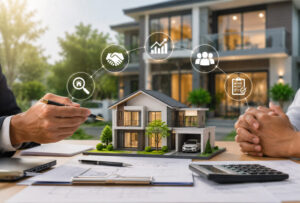 A detailed 3D house model on a desk surrounded by architectural blueprints, a calculator, and digital icons for property search, teamwork, and growth, demonstrating how Designhill helps you with real estate solutions.